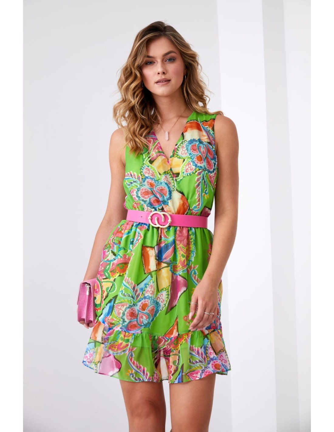 Light patterned dress with a belt, green and pink 03040 - Online store - Boutique